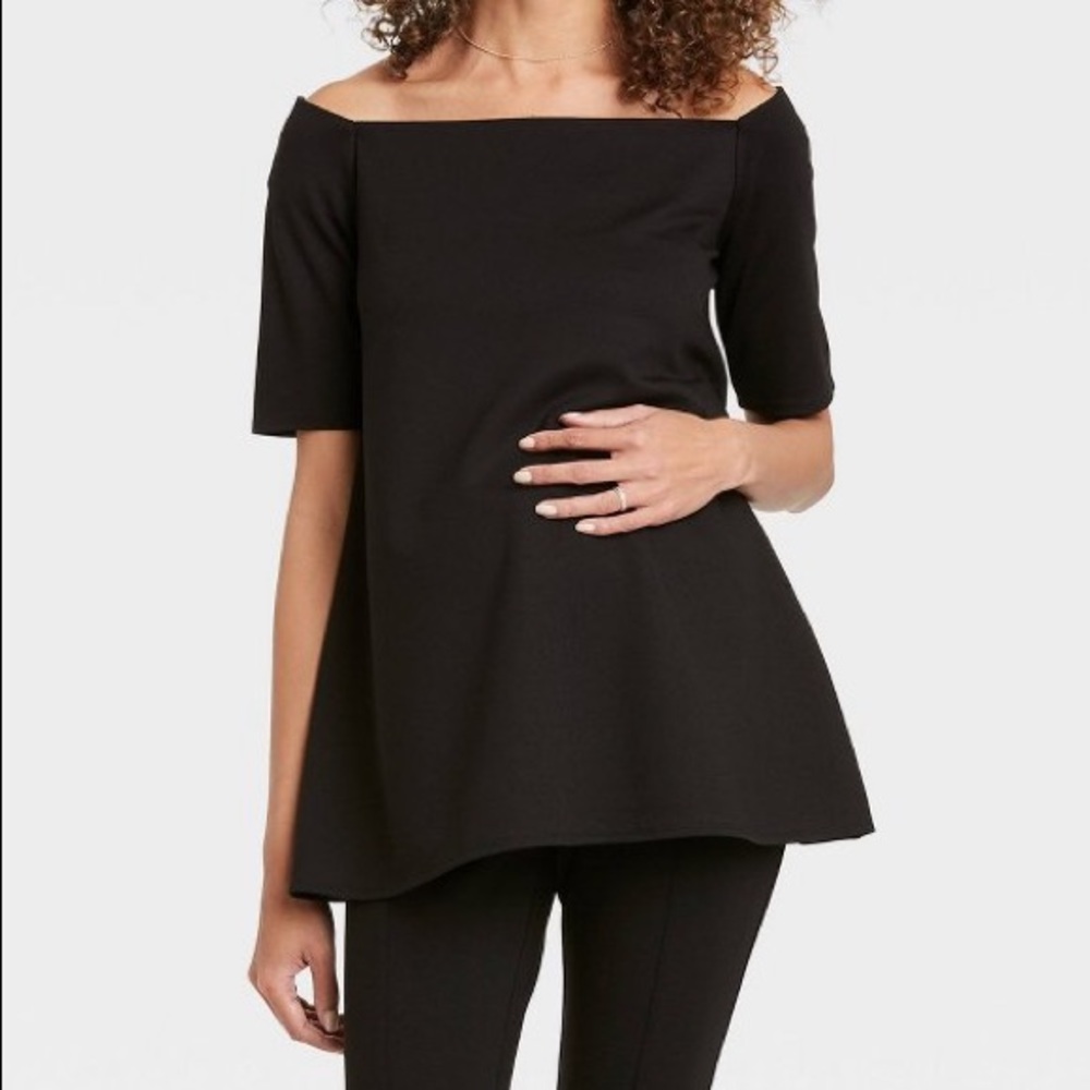 The Nines by HATCH™ Maternity Elbow Sleeve Off the Shoulder Ponte Top Black